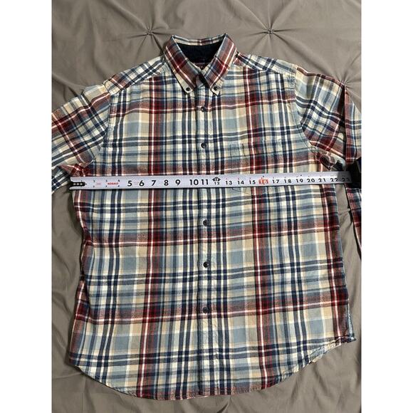 Merona Mens Flannel Shirt Sz Med. Button Down Cotton Long Sleeve Blue Red Tan - Picture 8 of 11